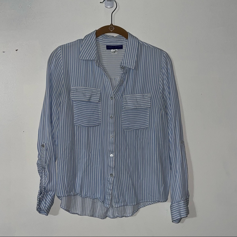 SIMPLY STYLED Button Down Shirt Blue White Striped Roll Tab Long Sleeve Small